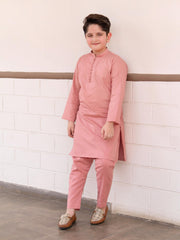 Peach colored cotton kurta pajama with sherwani collar