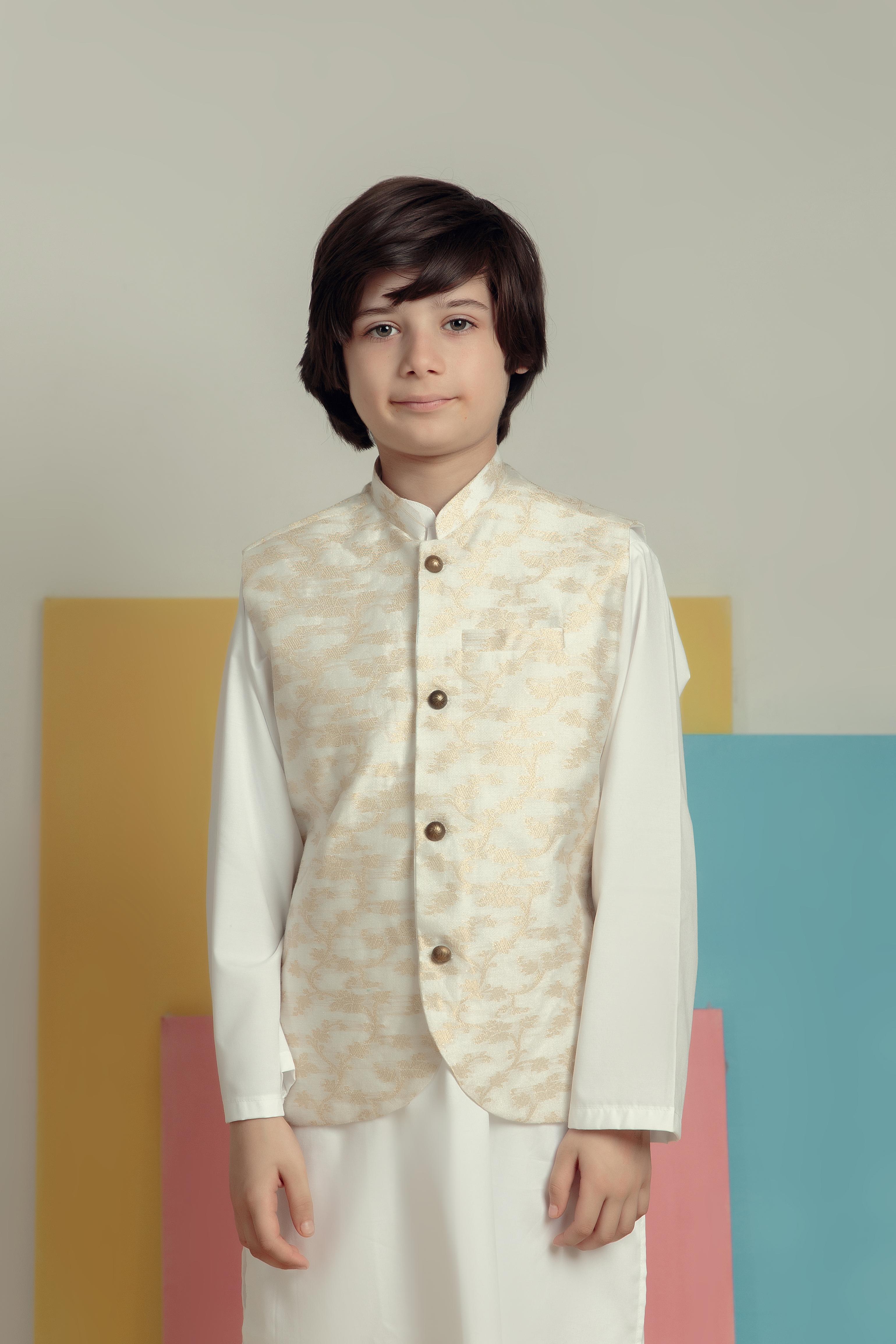 Traditional white kurta pajama with waist coat -Kidoz close